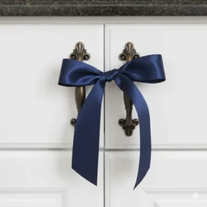A decorative blue ribbon tied to form a DIY cabinet lock without hardware.