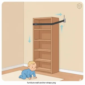 Heavy bookshelf secured with wall anchors as part of creating safe zones in house baby proofing.