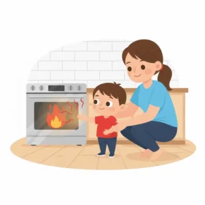 A parent explaining heat safety while teaching toddler not to touch hot oven from a safe distance.