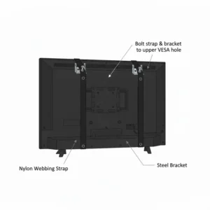 Illustration of bolting the brackets to the upper VESA holes while making tv strap holders for wall mounted tv.