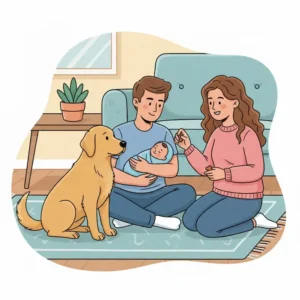 A father holding a baby while a mother rewards a sitting dog with treats during a first meeting.