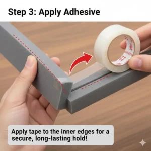 Adding double-sided adhesive to the inside of the diy baby proof corner guards with foam.