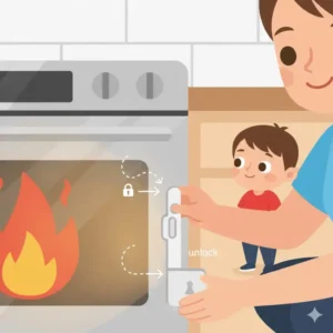 Installing childproof locks as a physical aid when teaching toddler not to touch hot oven.