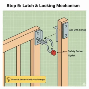 A detailed view of installing a child-proof latch while building a low cost safety gate.