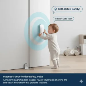 A toddler interacting with a soft-catch magnetic door holder as discussed in our infant door stopper reviews.