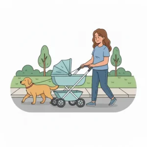 An illustration of a person practicing walking a dog alongside an empty baby stroller.