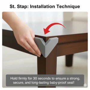 Pressing the diy baby proof corner guards with foam firmly onto a sharp corner for safety.
