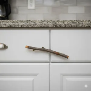 A small wooden stick wedged to serve as a DIY cabinet lock without hardware.