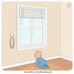 Window blind cord safety wraps used for creating safe zones in house baby proofing.