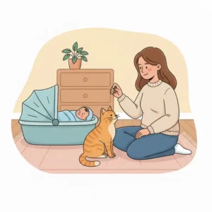 A pet owner giving a treat to a calm cat while sitting near a baby in a bassinet.
