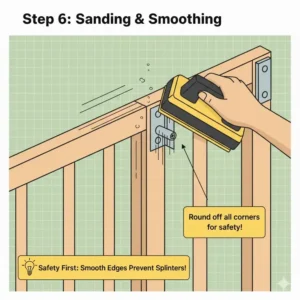 Showing the importance of sanding wood edges for safety when building a low cost safety gate.