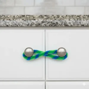 Colorful pipe cleaner twisted into a DIY cabinet lock without hardware for cupboards.
