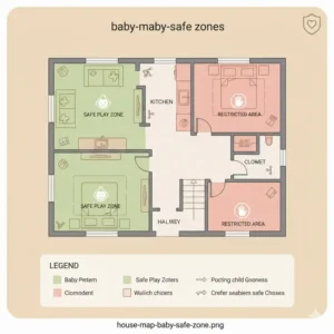A floor plan diagram showing the strategic layout for creating safe zones in house baby proofing.