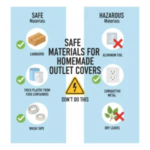: An informative infographic about safe and unsafe choices for homemade outlet covers from materials at home.