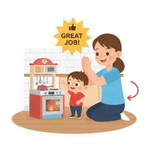 Giving a high-five for positive reinforcement after teaching toddler not to touch hot oven successfully.