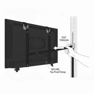 A person testing the strap tension to ensure safety after making tv strap holders for wall mounted tv.