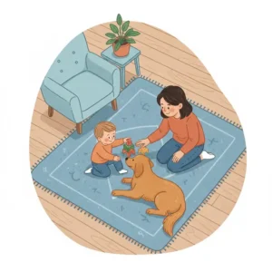 An overhead view of a parent supervising a toddler and a dog playing together safely on a rug.