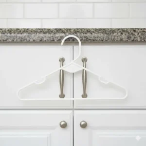 A repurposed plastic coat hanger acting as a DIY cabinet lock without hardware.