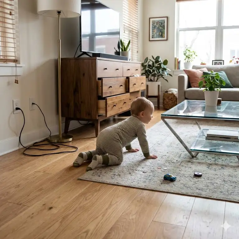 A living room filled with hazards showing the consequences of ignoring baby proofing for toddlers.