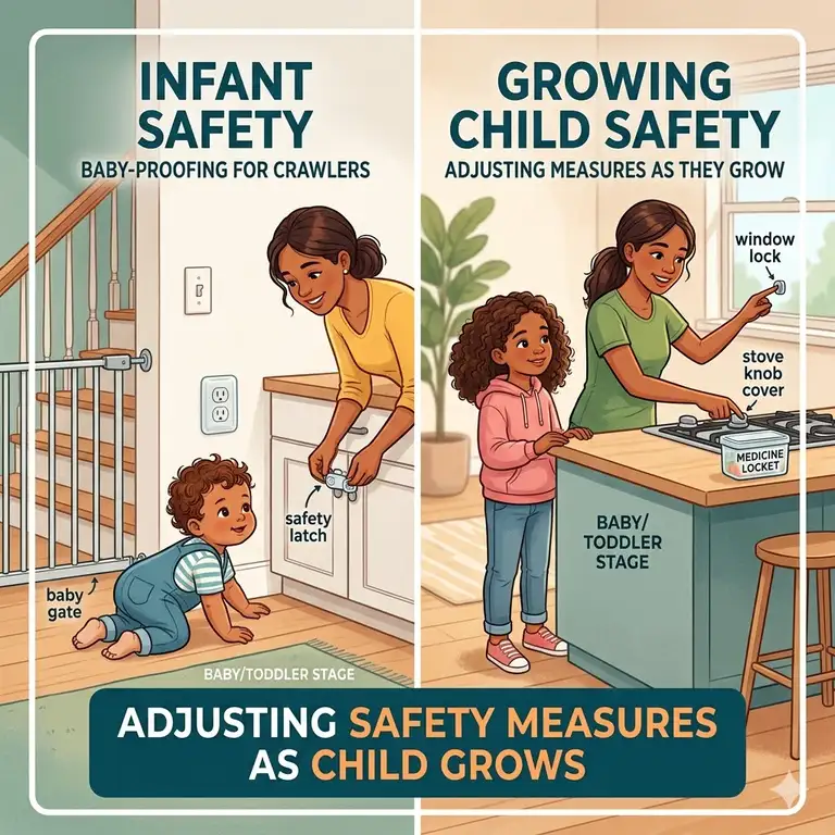 A comprehensive guide on adjusting safety measures as child grows from infancy to school age.