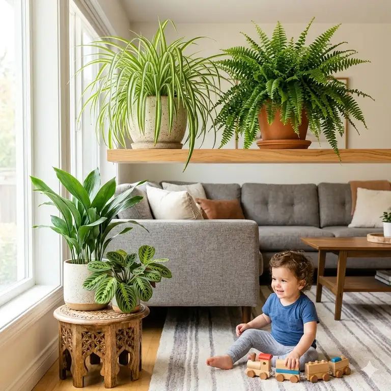 A bright living room with various safe houseplants for homes with toddlers placed on high shelves out of reach.