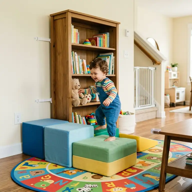 A living room secured with anchored bookshelves and soft mats for effective toddler proofing for 1-2 year old climber.