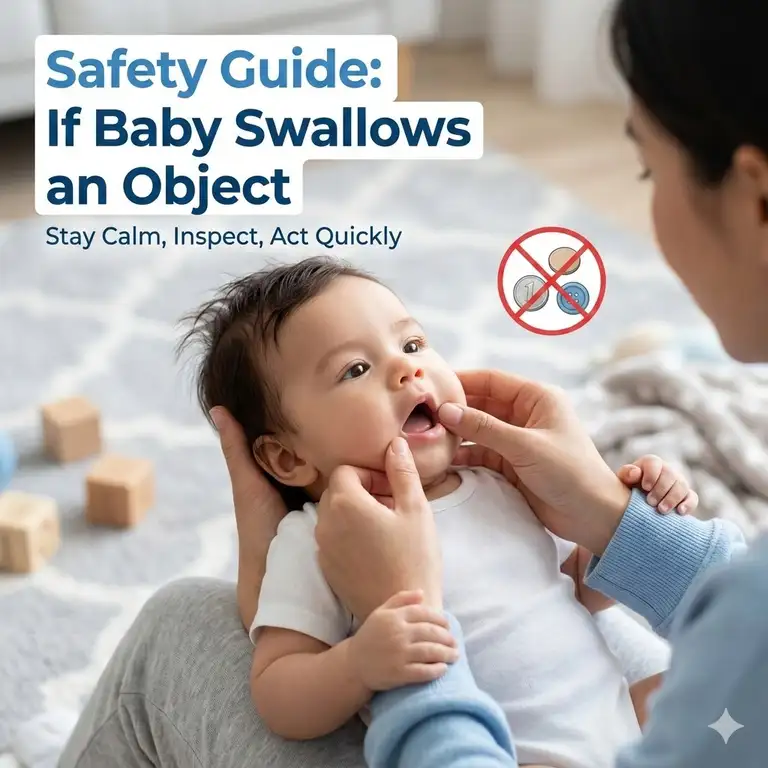 A calm parent inspecting a child's mouth with a guide on what to do if baby swallows small object.