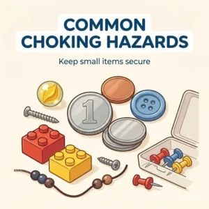 A collection of household hazards and tips on what to do if baby swallows small object like coins or buttons.
