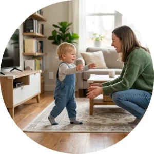 Soft silicone corner guards installed on a coffee table help ensure safety around 2 year old learning to walk in the living room.