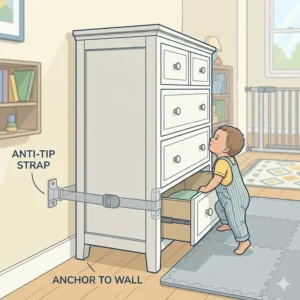 An illustration showing how to use anti-tip straps to anchor furniture for toddler proofing for 1-2 year old climber.