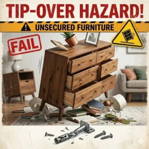 An unsecured dresser tipping over illustrating the physical consequences of ignoring baby proofing.