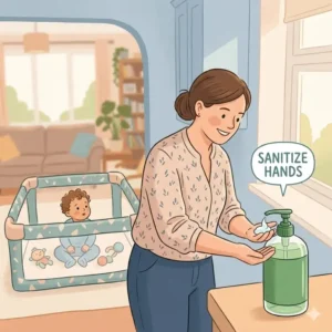 Illustration of a person using hand sanitizer as one of the essential safety habits for visitors with baby.