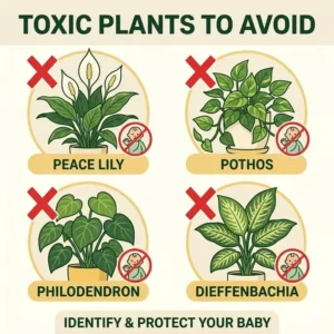 Infographic identifying toxic houseplants and showing how to baby proof plants poisonous for child safety.