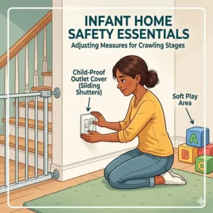 Installing baby gates and outlet covers as the first step in adjusting safety measures as child grows.