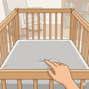 A firm crib mattress with a tight sheet, illustrating safe sleep safety tips for newborns under 3 months.