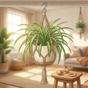 A hanging spider plant shown as one of the best safe houseplants for homes with toddlers.