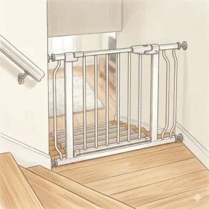 Hardware-mounted stairs gate used in baby proofing for 6-12 month old crawler.
