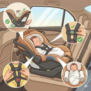 Correct rear-facing car seat installation as part of the vehicle safety tips for newborns under 3 months.