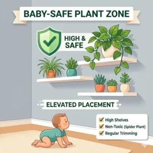 Using high wall shelves as an effective way how to baby proof plants poisonous in your living room.