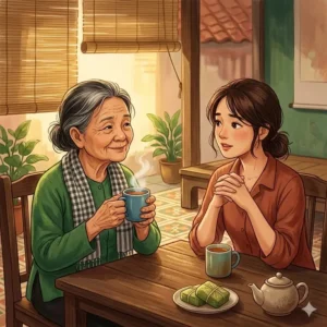 A young Vietnamese woman with brown hair tied back, listening attentively to her grandmother with her hands clasped on the table.