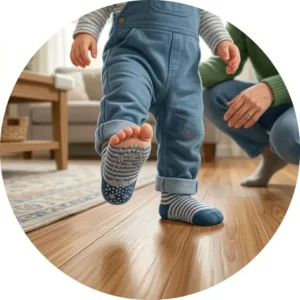 A close-up of non-slip grip socks helps provide crucial balance and safety around 2 year old learning to walk on smooth floors.