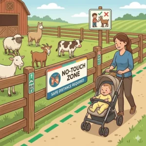 A clear diagram showing a designated safe observation zone, essential for avoiding petting zoo hazards for infants.