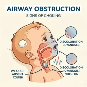 Illustration showing breathing difficulties and signs to look for regarding what to do if baby swallows small object.
