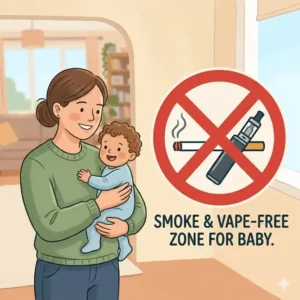 A visual guide showing a smoke and vape-free zone to maintain safety habits for visitors with baby.
