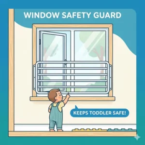 A diagram of a window with a safety guard installed for toddler proofing for 1-2 year old climber.