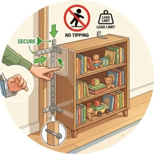 An illustrative diagram shows how securing heavy furniture to the wall improves safety around 2 year old learning to walk.