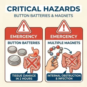 Infographic about dangerous items like batteries and what to do if baby swallows small object that is toxic