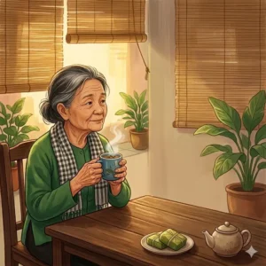 An elderly Vietnamese woman looking out of a window with bamboo blinds, holding a steaming cup of tea in a peaceful morning.