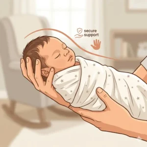 Proper way to support an infant's head and neck, one of the key safety tips for newborns under 3 months.