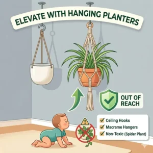 Macrame hanging planters demonstrate how to baby proof plants poisonous by keeping them out of reach.